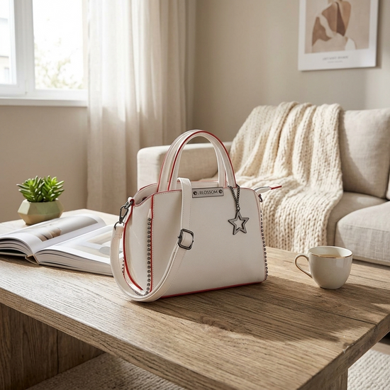 Women's Faux Leather Metal Beads Handbag (White)