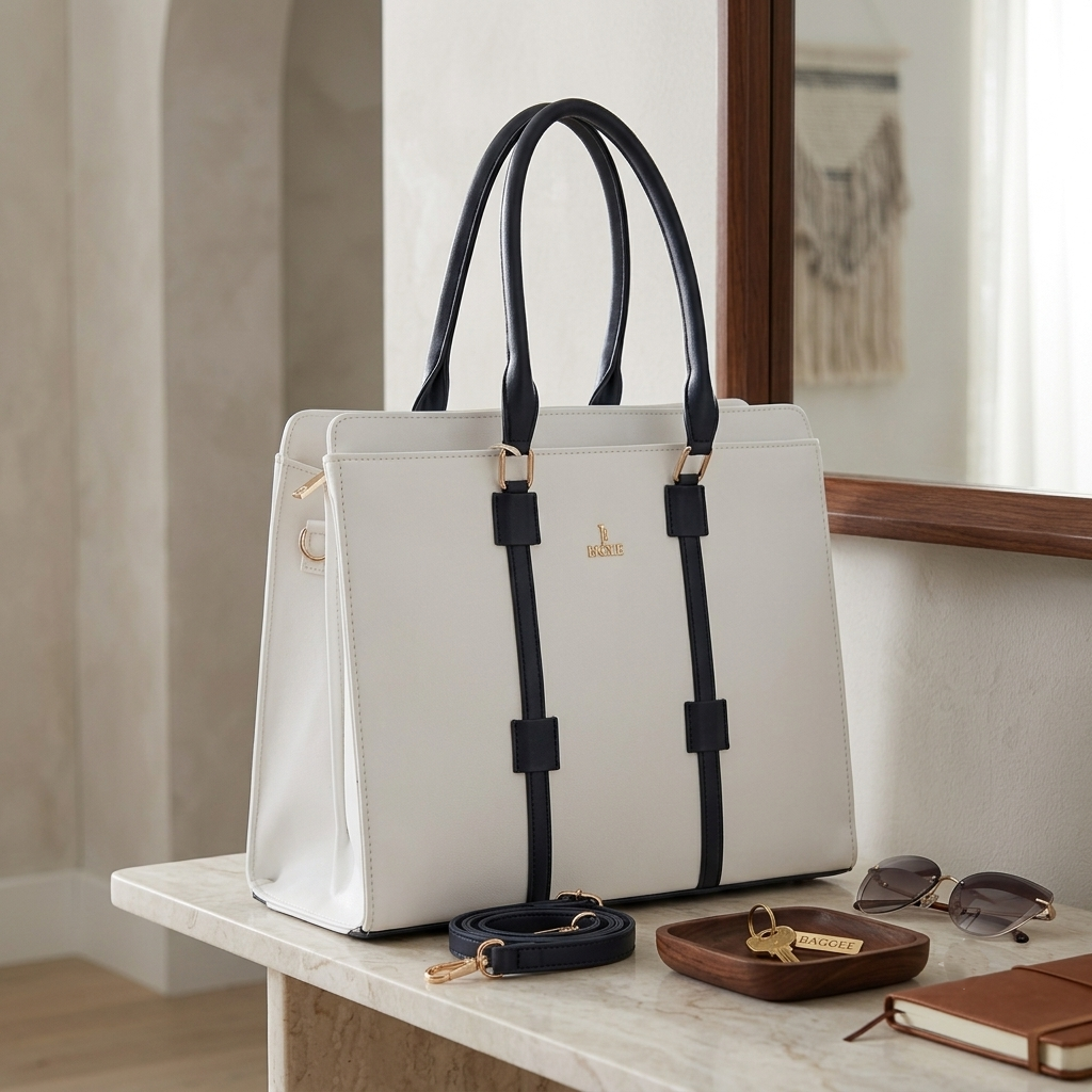 Women's Polyurethane Solid Structured Shoulder Tote Handbag (Cream-Navy Blue)