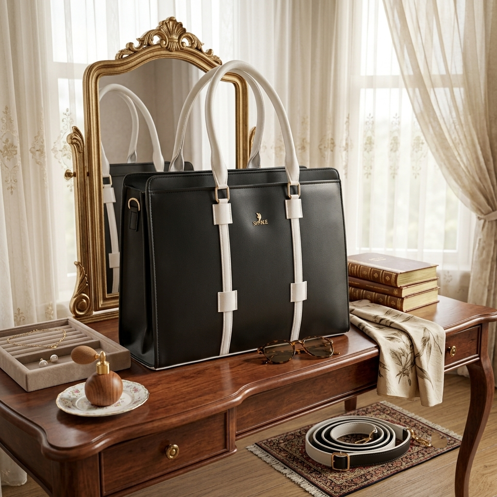 Women's Polyurethane Solid Structured Shoulder Tote Handbag (Black-Cream)