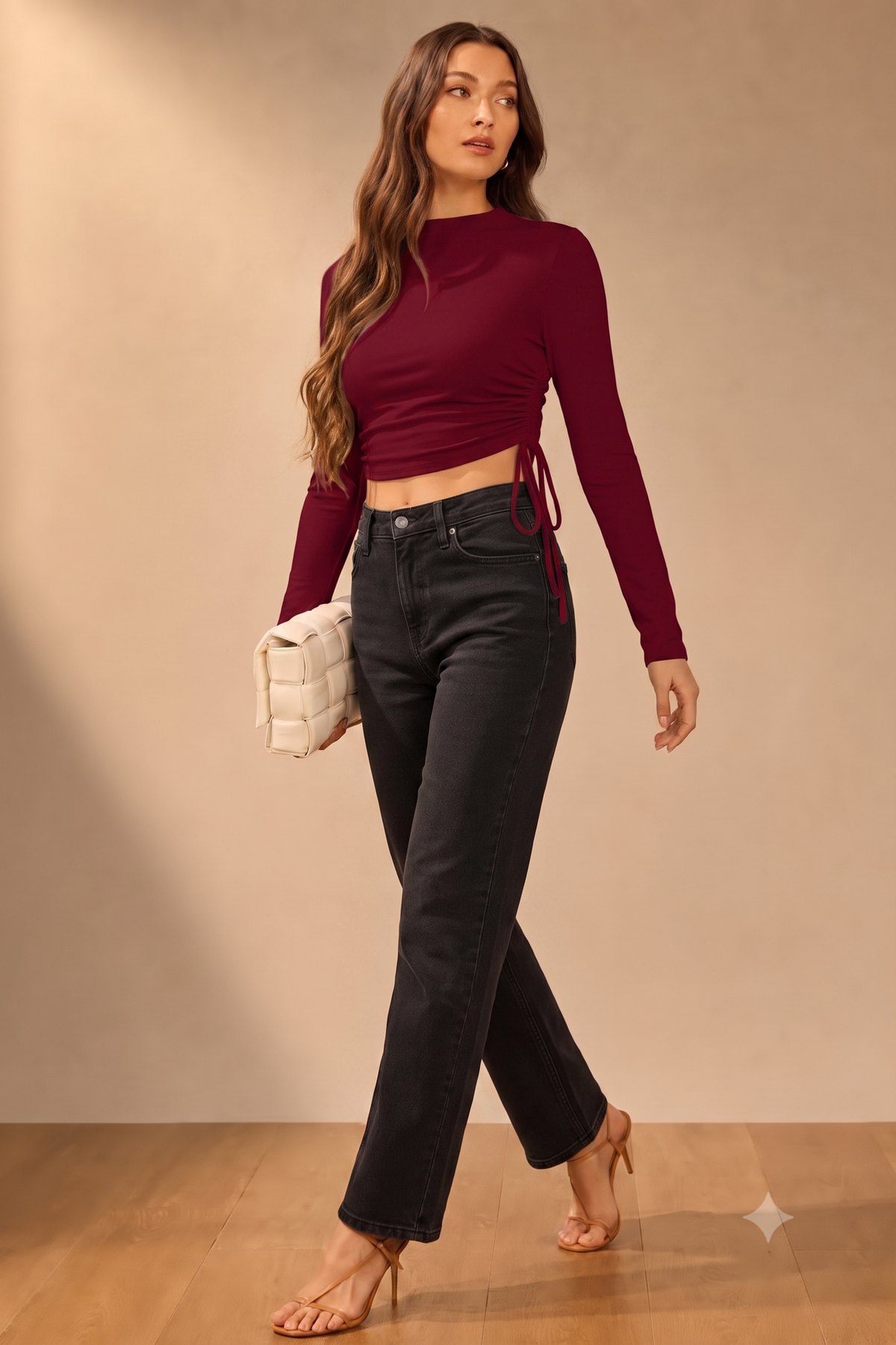 Women's Polyester Solid Round Neck Full Sleeve Top (Maroon)