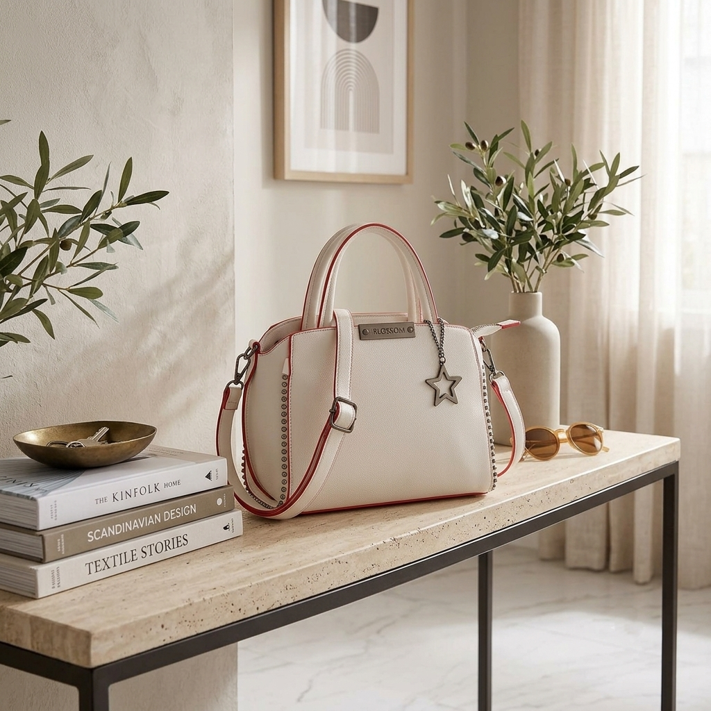 Women's Faux Leather Metal Beads Handbag (White)