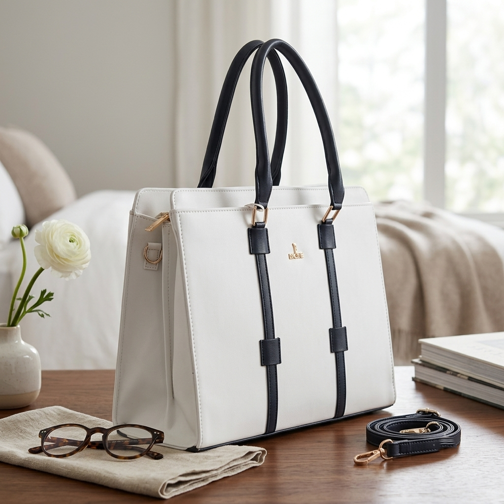 Women's Polyurethane Solid Structured Shoulder Tote Handbag (Cream-Navy Blue)
