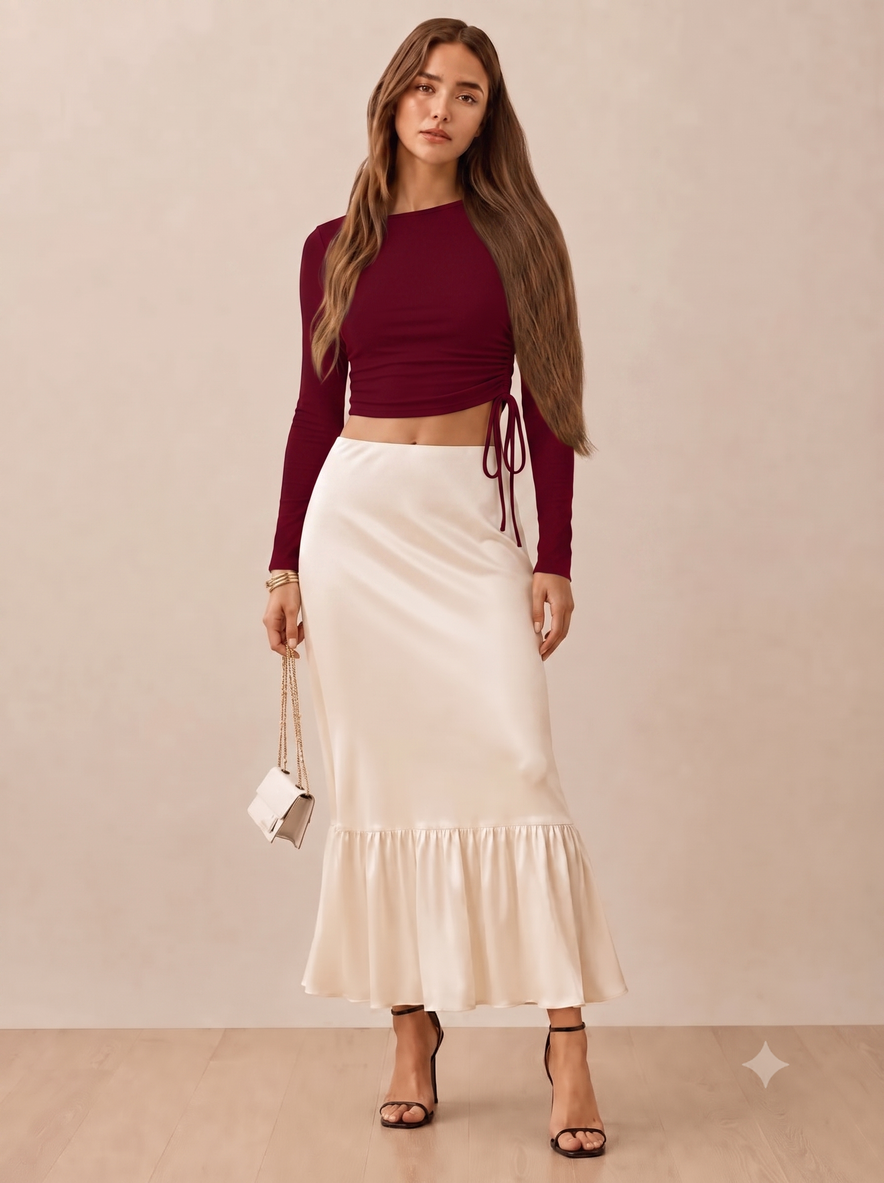 Women's Polyester Solid Round Neck Full Sleeve Top (Maroon)
