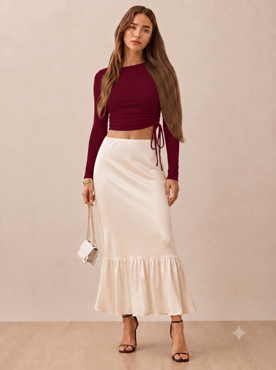 Women's Polyester Solid Round Neck Full Sleeve Top (Maroon)