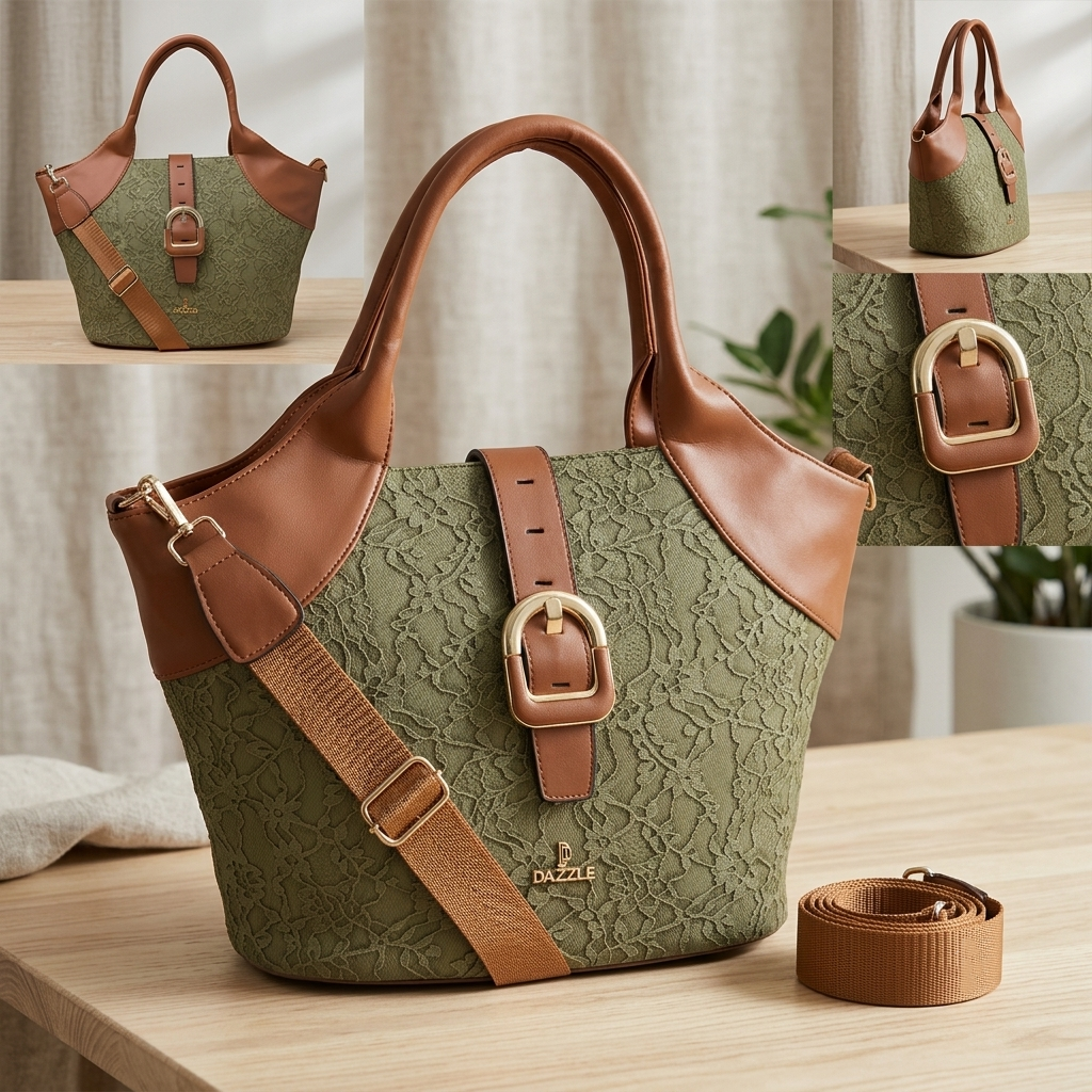 Women's Polyurethane Textured Two-Tone Tote Handbag with Adjustable & Removable Strap (Green)