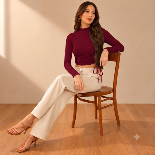 Women's Polyester Solid Round Neck Full Sleeve Top (Maroon)