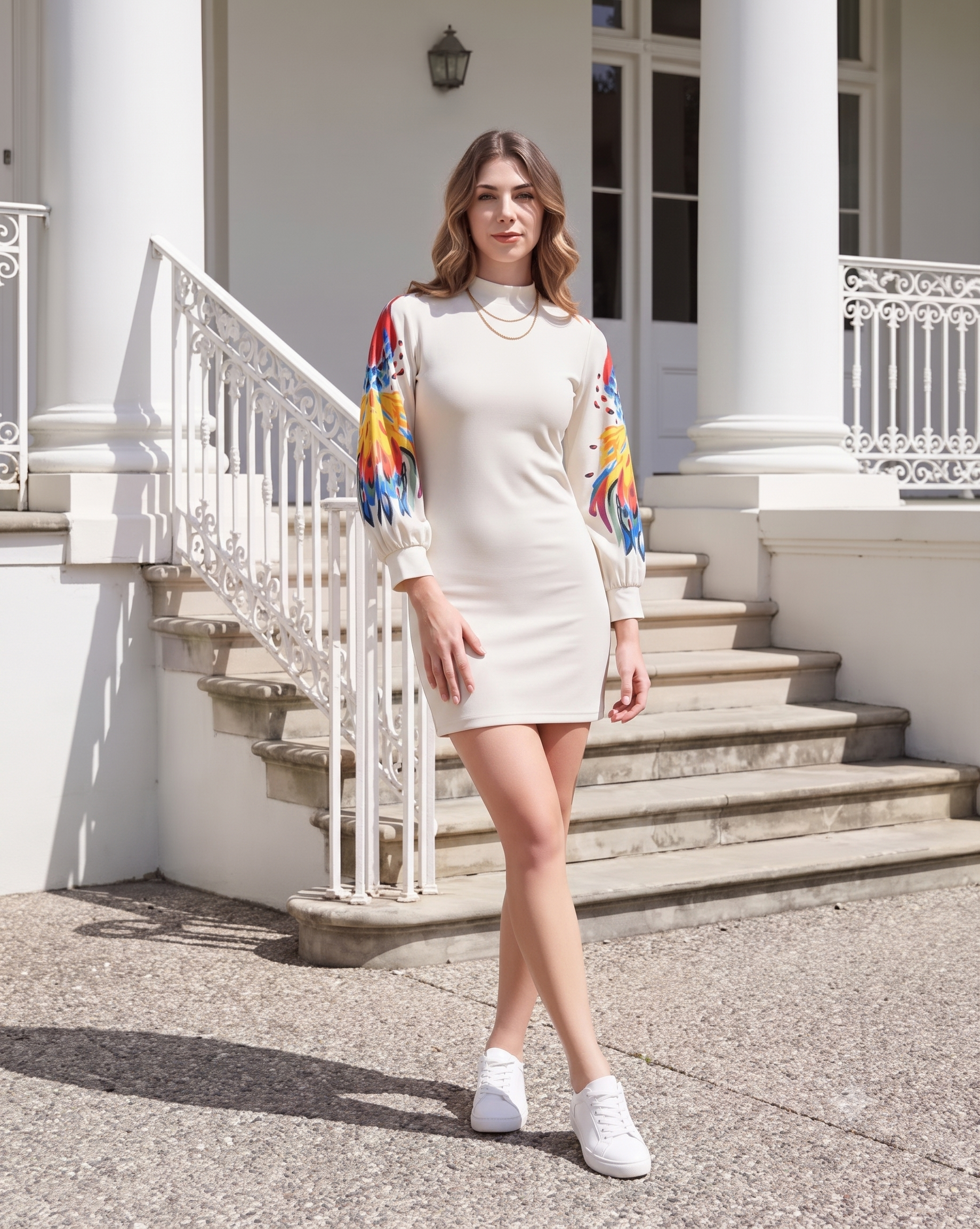 Women's Polyester Lycra Printed Long Sleeve Dress (Multicolor)