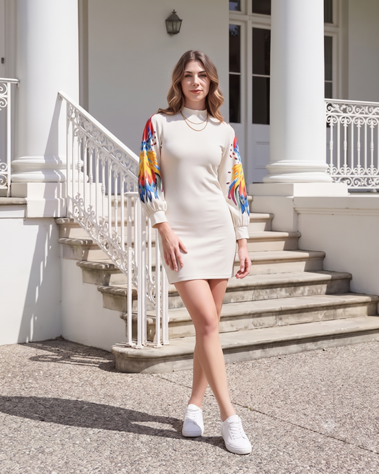 Women's Polyester Lycra Printed Long Sleeve Dress (Multicolor)