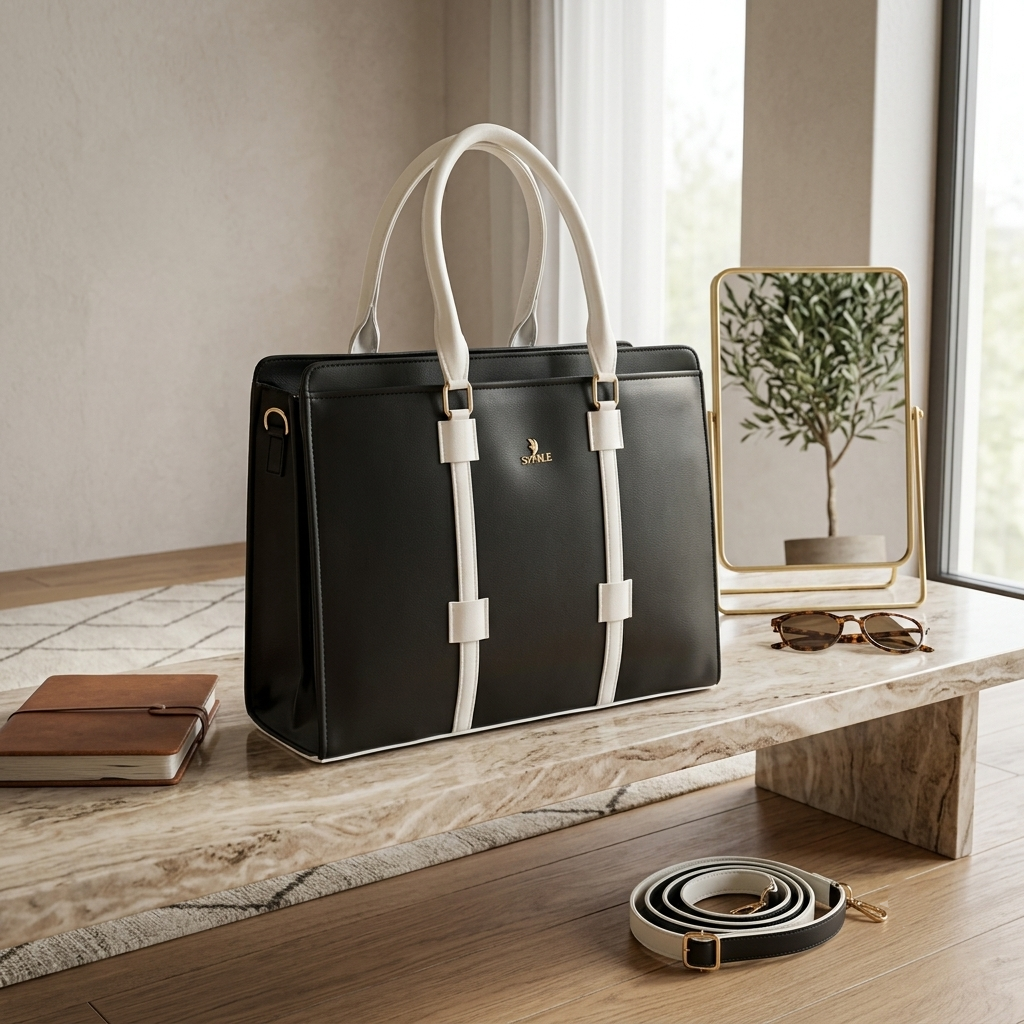 Women's Polyurethane Solid Structured Shoulder Tote Handbag (Black-Cream)