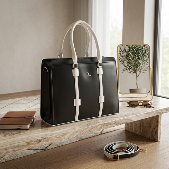 Women's Polyurethane Solid Structured Shoulder Tote Handbag (Black-Cream)