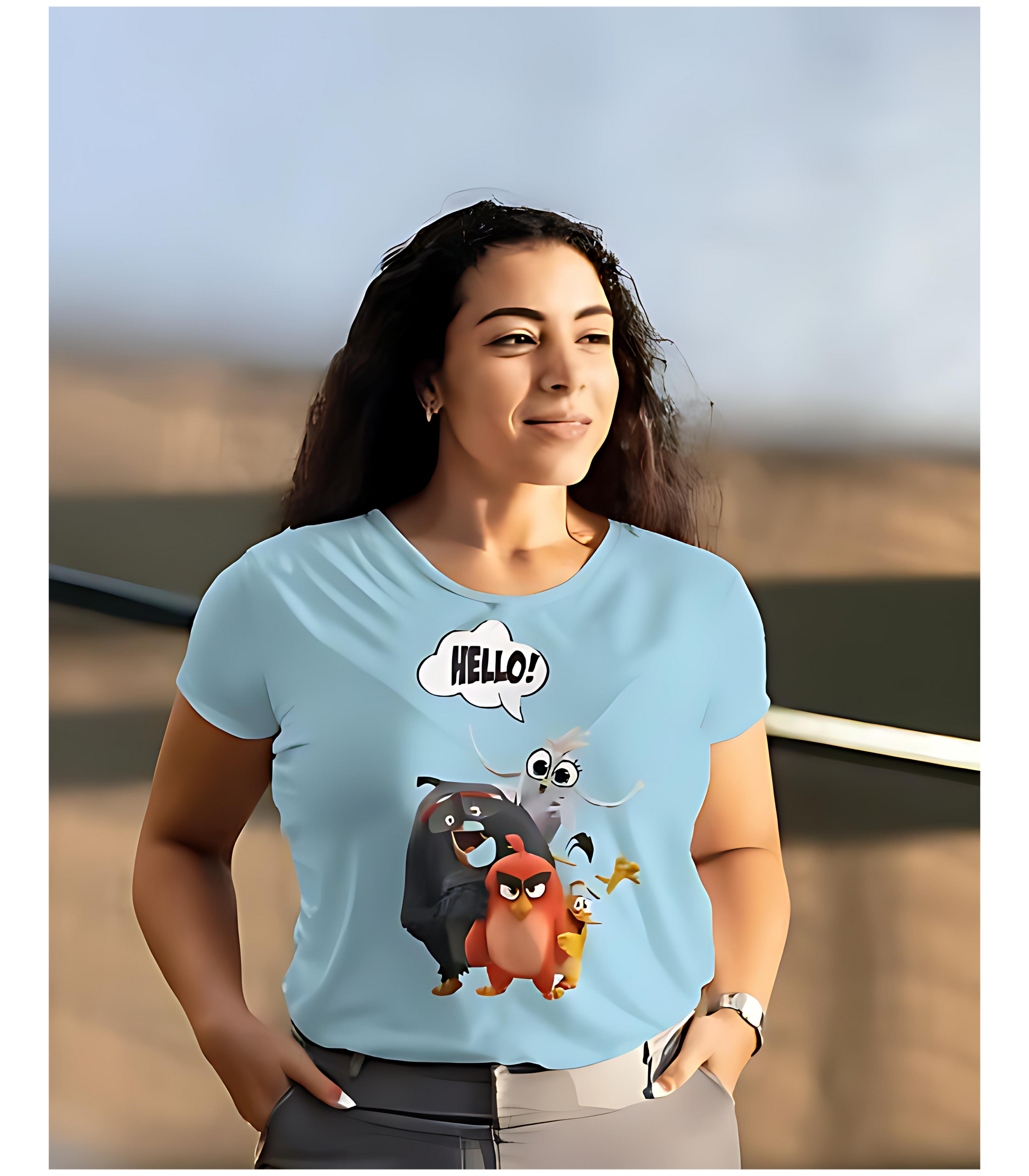 SCUBAAA Women's Angry Birds Saying Hello Half Sleeve T-Shirt