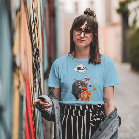 SCUBAAA Women's Angry Birds Saying Hello Half Sleeve T-Shirt