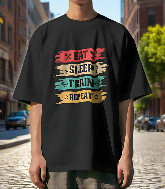 SCUBAAA Men's Eat Sleep Train Repeat Oversized T-Shirt