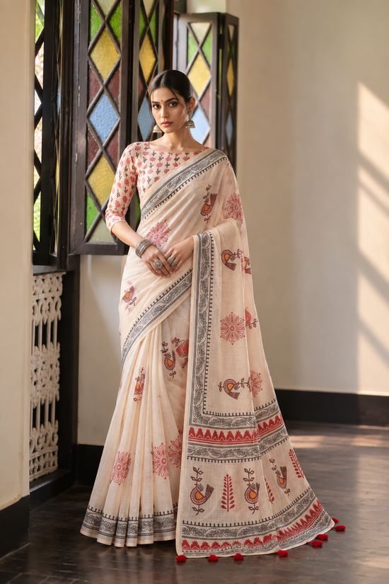 Women's Linen Cotton Printed Saree With Unstitched Blouse 5.5Mtr (Off White)