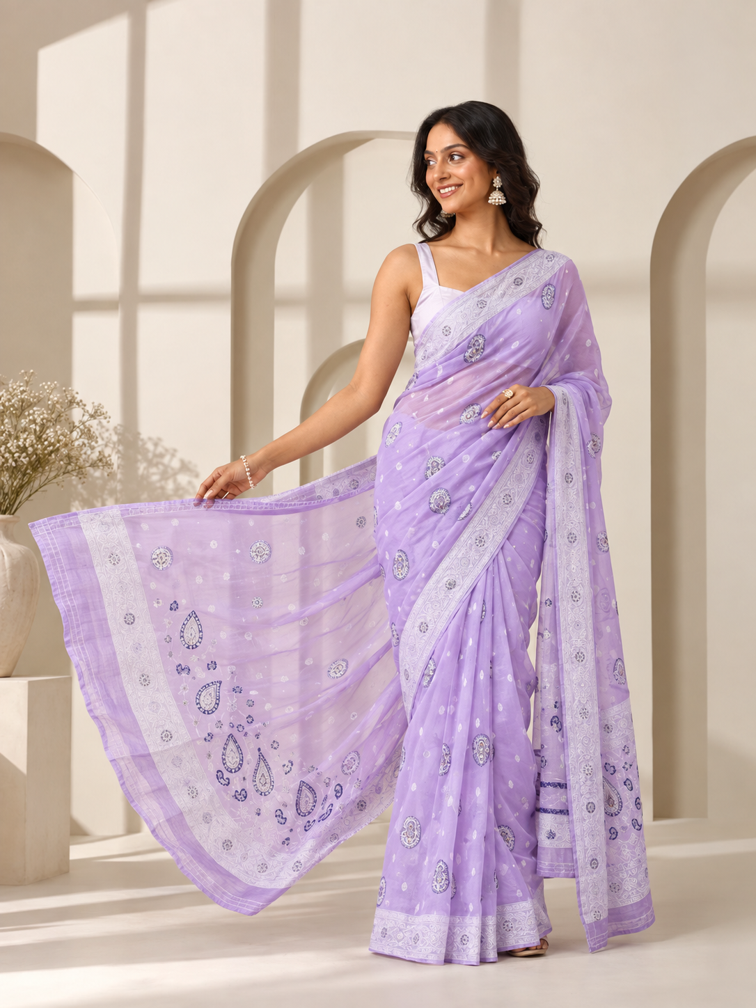 Women's Cotton Printed Saree With Unstitched Blouse 5.5Mtr (Lavender)