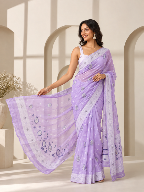 Women's Cotton Printed Saree With Unstitched Blouse 5.5Mtr (Lavender)