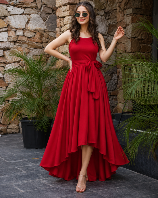 Women's Polyster Solid Halter Neck Sleeveless Dress (Red)