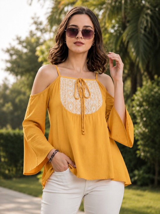 Women's Rayon Embellished Cold Shoulder Regular Top (Mustard Yellow)