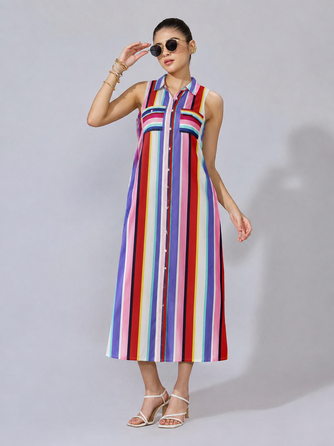Women's Polyester Striped Sleeveless Calf-length Dress (Multicolor)