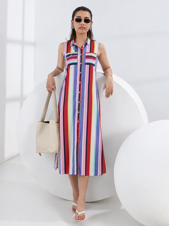 Women's Polyester Striped Sleeveless Calf-length Dress (Multicolor)