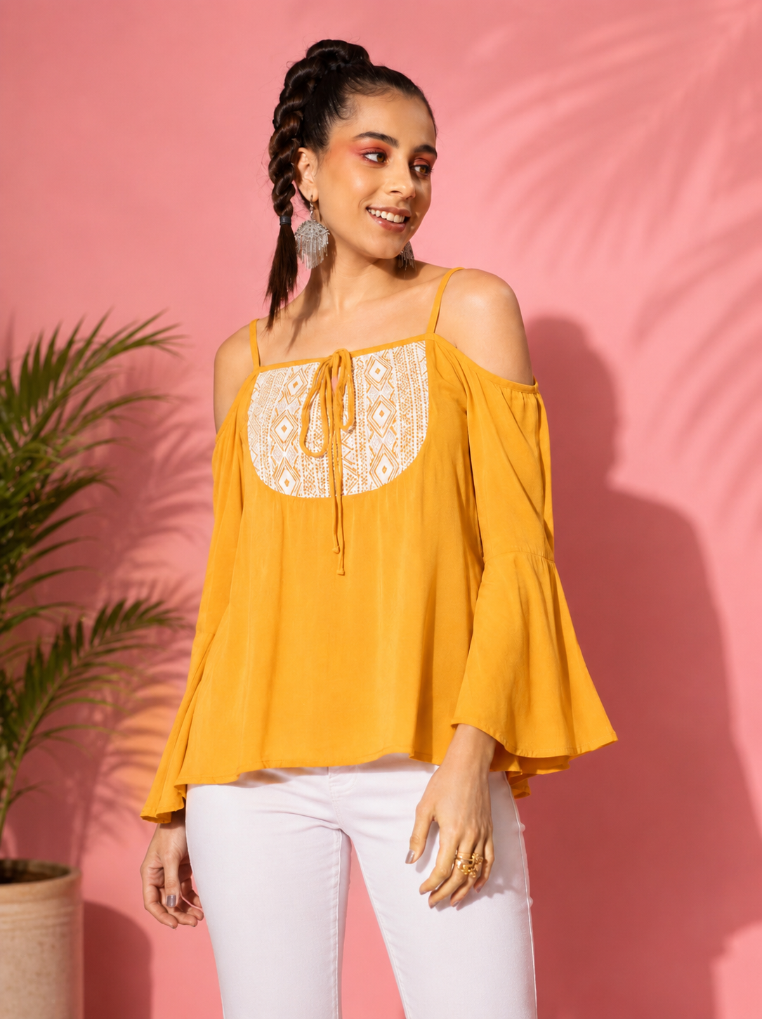Women's Rayon Embellished Cold Shoulder Regular Top (Mustard Yellow)