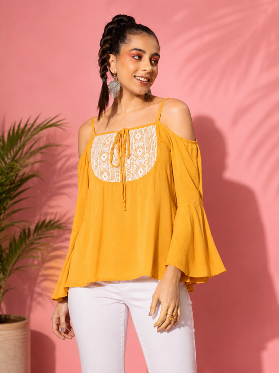 Women's Rayon Embellished Cold Shoulder Regular Top (Mustard Yellow)
