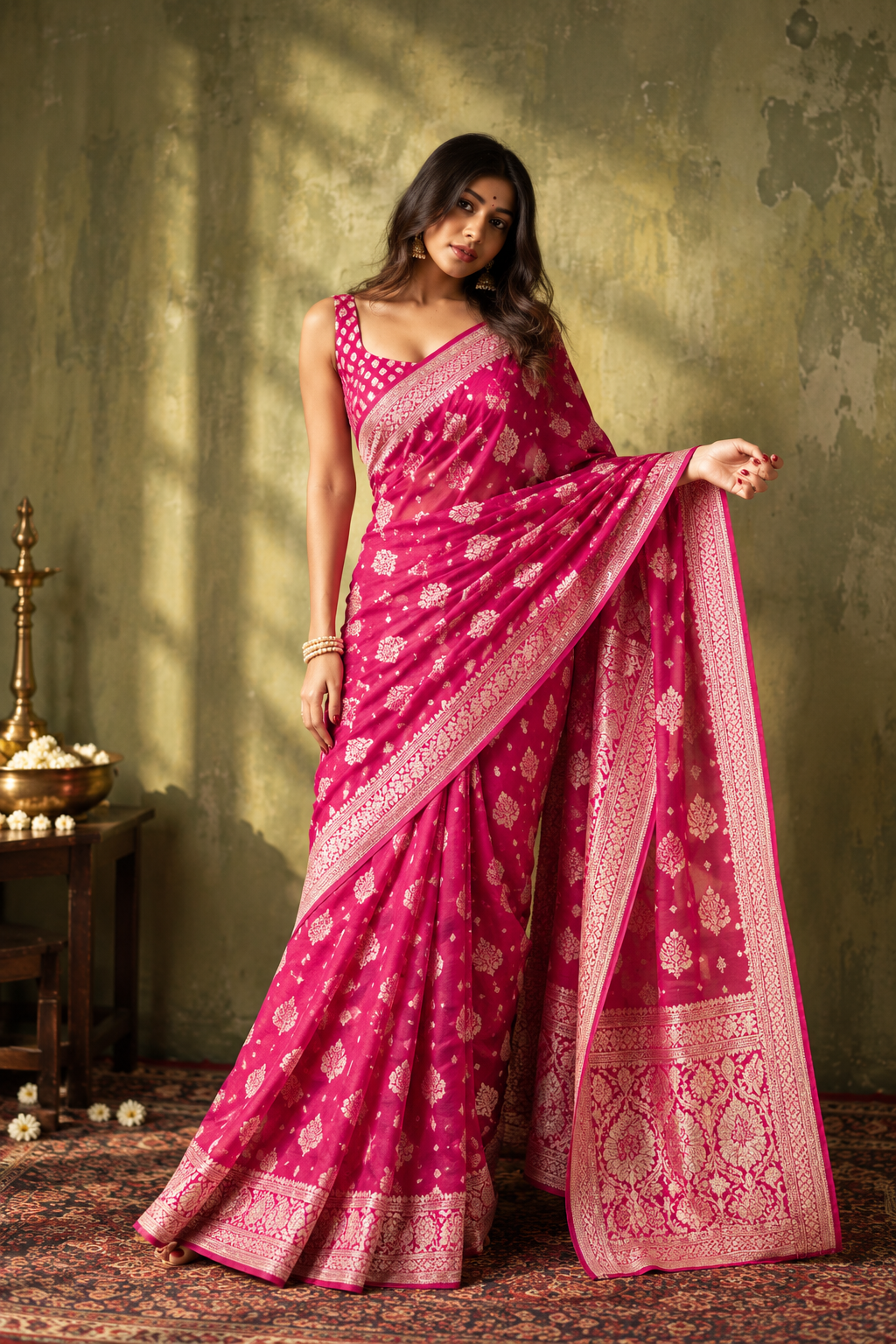 Women's Soft Lichi Silk Printed Saree With Unstitched Blouse 5.5Mtr (Pink)