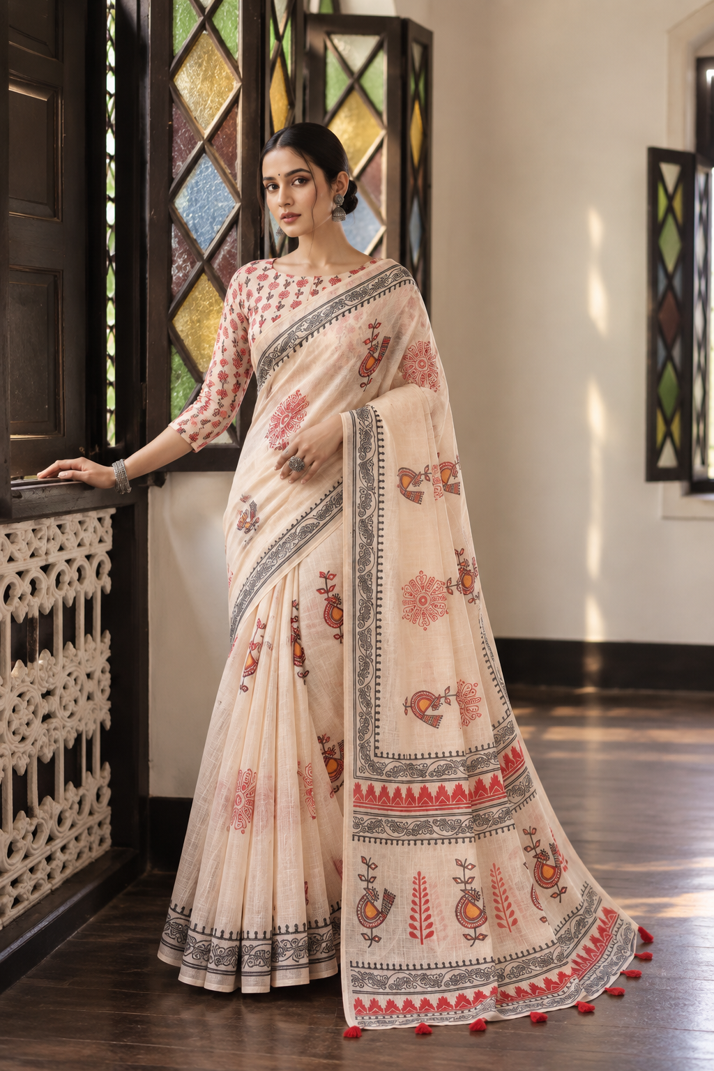 Women's Linen Cotton Printed Saree With Unstitched Blouse 5.5Mtr (Off White)