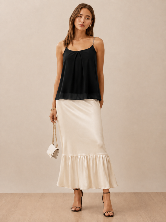 Women's Polyester Embellished Shoulder Straps Top (Black)