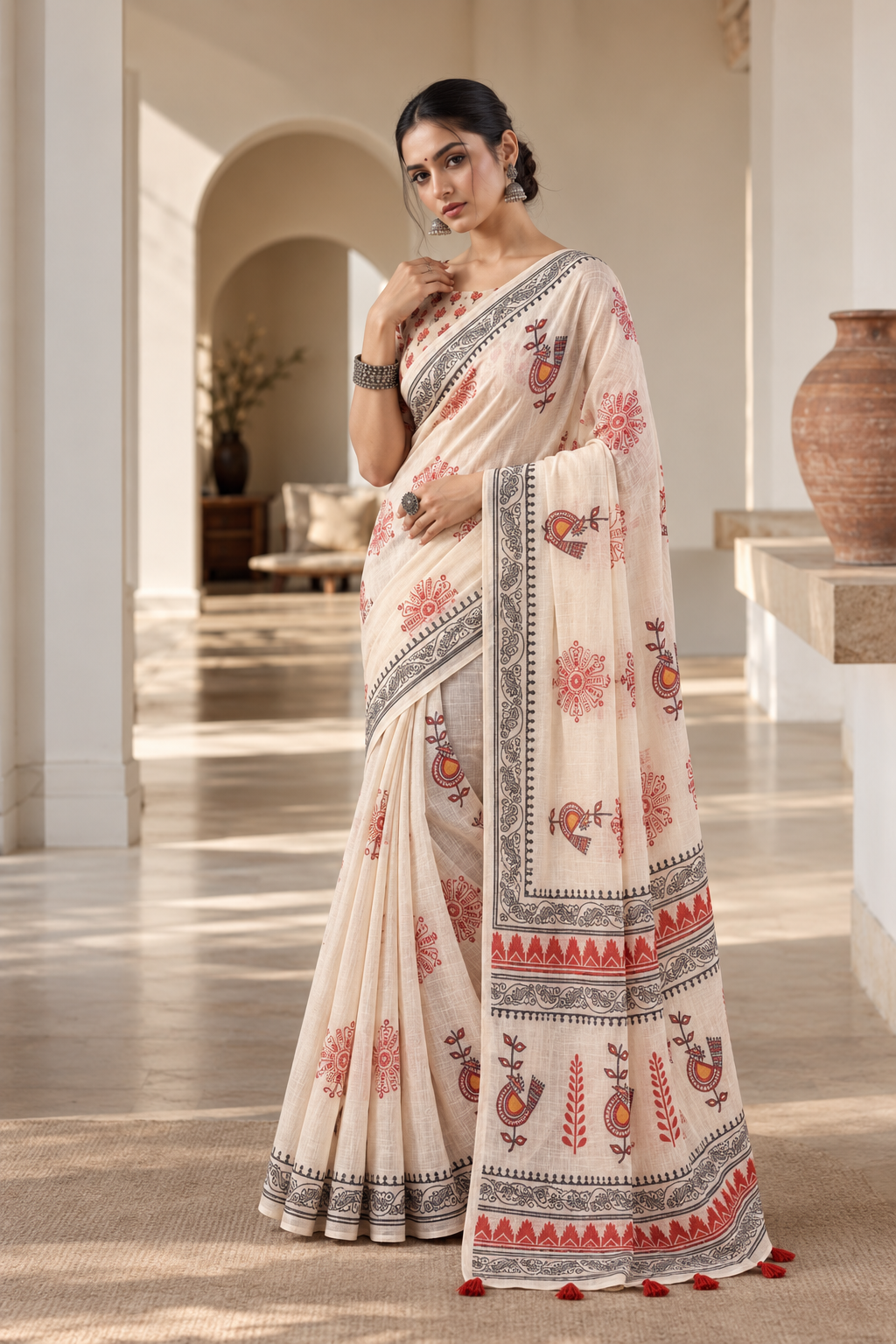 Women's Linen Cotton Printed Saree With Unstitched Blouse 5.5Mtr (Off White)