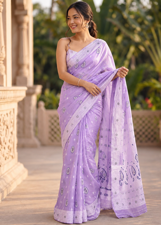 Women's Cotton Printed Saree With Unstitched Blouse 5.5Mtr (Lavender)