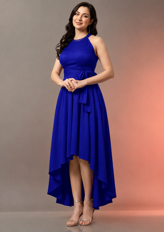 Women's Polyster Solid Halter Neck Sleeveless Dress  (Royal Blue)