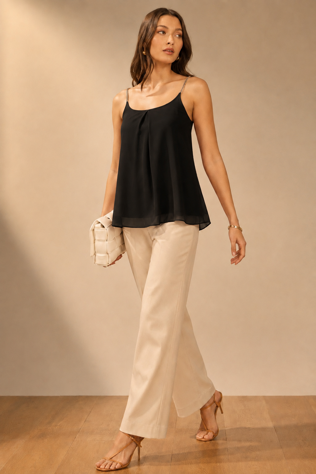 Women's Polyester Embellished Shoulder Straps Top (Black)