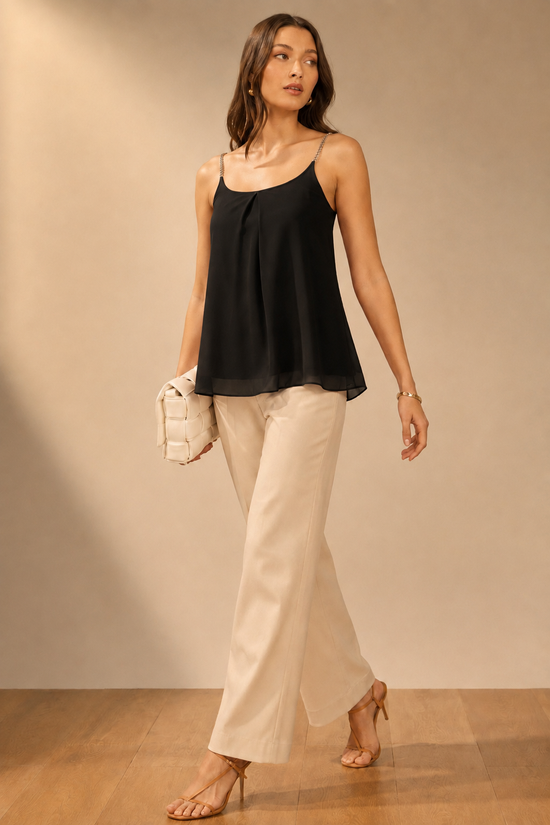Women's Polyester Embellished Shoulder Straps Top (Black)