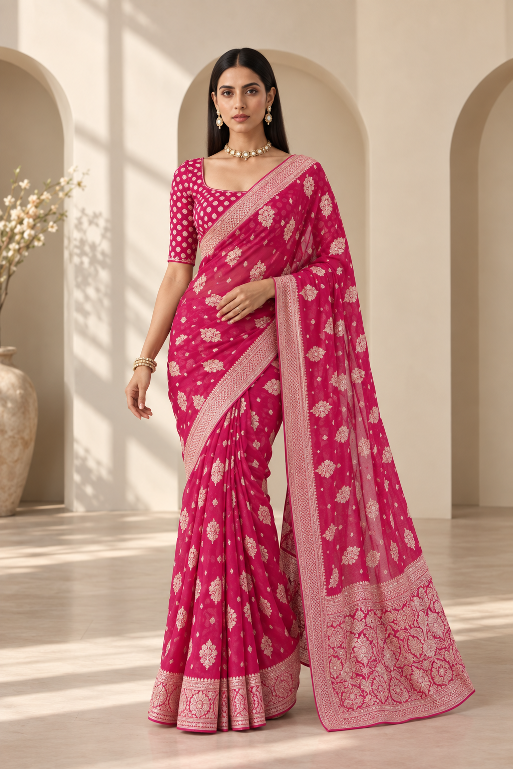 Women's Soft Lichi Silk Printed Saree With Unstitched Blouse 5.5Mtr (Pink)