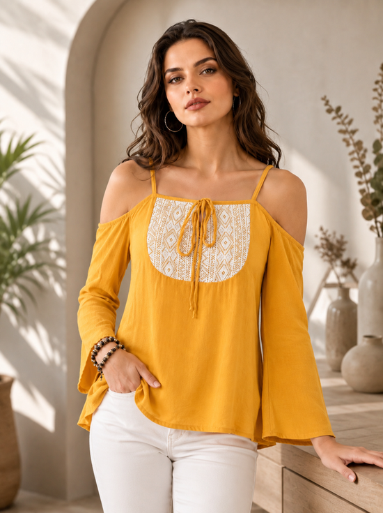 Women's Rayon Embellished Cold Shoulder Regular Top (Mustard Yellow)