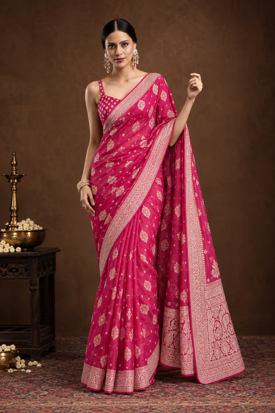 Women's Soft Lichi Silk Printed Saree With Unstitched Blouse 5.5Mtr (Pink)