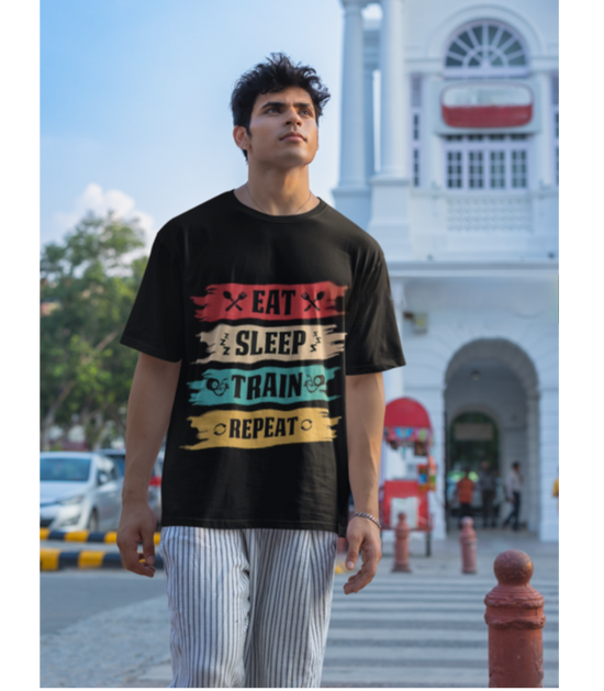 SCUBAAA Men's Eat Sleep Train Repeat Oversized T-Shirt